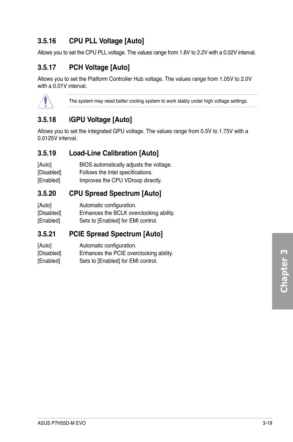 16 cpu pll voltage [auto, 17 pch voltage [auto, 18 igpu voltage [auto | 19 load-line calibration [auto, 20 cpu spread spectrum [auto, 21 pcie spread spectrum [auto, Cpu pll voltage -19, Pch voltage -19, Igpu voltage -19, Load-line calibration -19 | Asus P7H55D-M EVO User Manual | Page 75 / 106