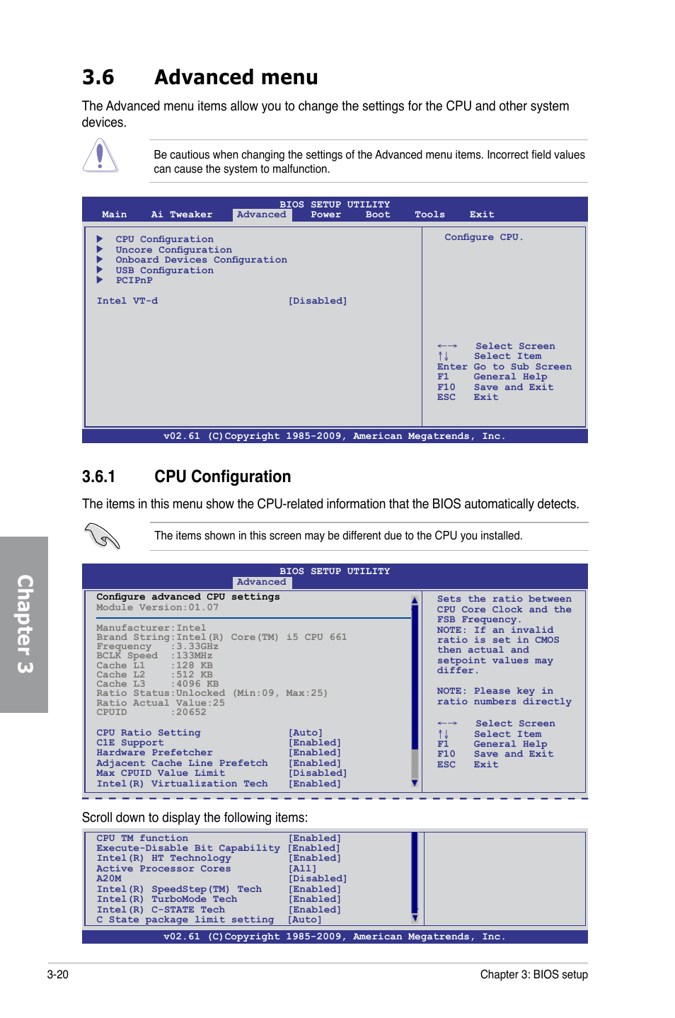 6 advanced menu, 1 cpu configuration, Advanced menu -20 3.6.1 | Cpu configuration -20, Chapter 3, Scroll down to display the following items | Asus P7H55D-M EVO User Manual | Page 76 / 106