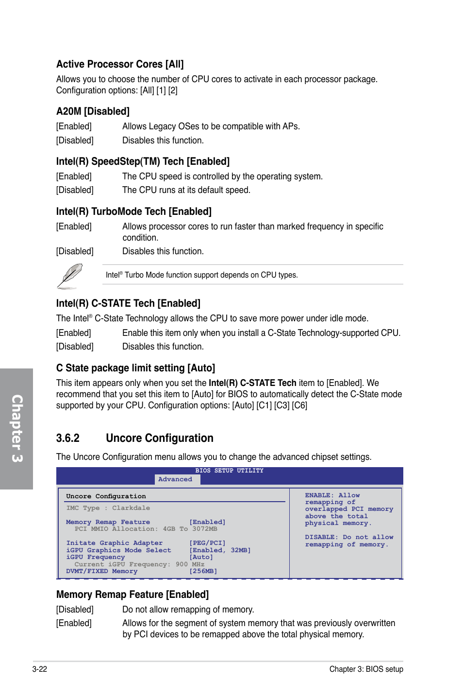 2 uncore configuration, Uncore configuration -22, Chapter 3 | Active processor cores [all, A20m [disabled, Intel(r) speedstep(tm) tech [enabled, Intel(r) turbomode tech [enabled, Intel(r) c-state tech [enabled, C state package limit setting [auto | Asus P7H55D-M EVO User Manual | Page 78 / 106