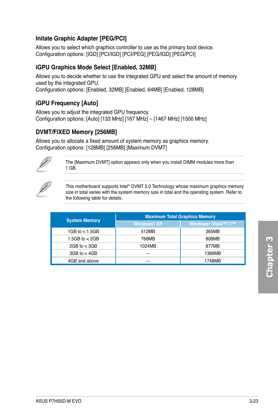 Chapter 3, Initate graphic adapter [peg/pci, Igpu graphics mode select [enabled, 32mb | Igpu frequency [auto | Asus P7H55D-M EVO User Manual | Page 79 / 106