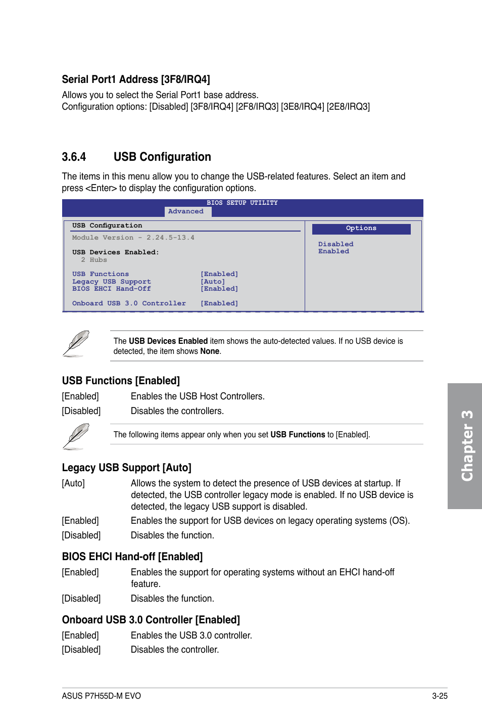 4 usb configuration, Usb configuration -25, Chapter 3 | Usb functions [enabled, Legacy usb support [auto, Bios ehci hand-off [enabled, Onboard usb 3.0 controller [enabled, Serial port1 address [3f8/irq4 | Asus P7H55D-M EVO User Manual | Page 81 / 106