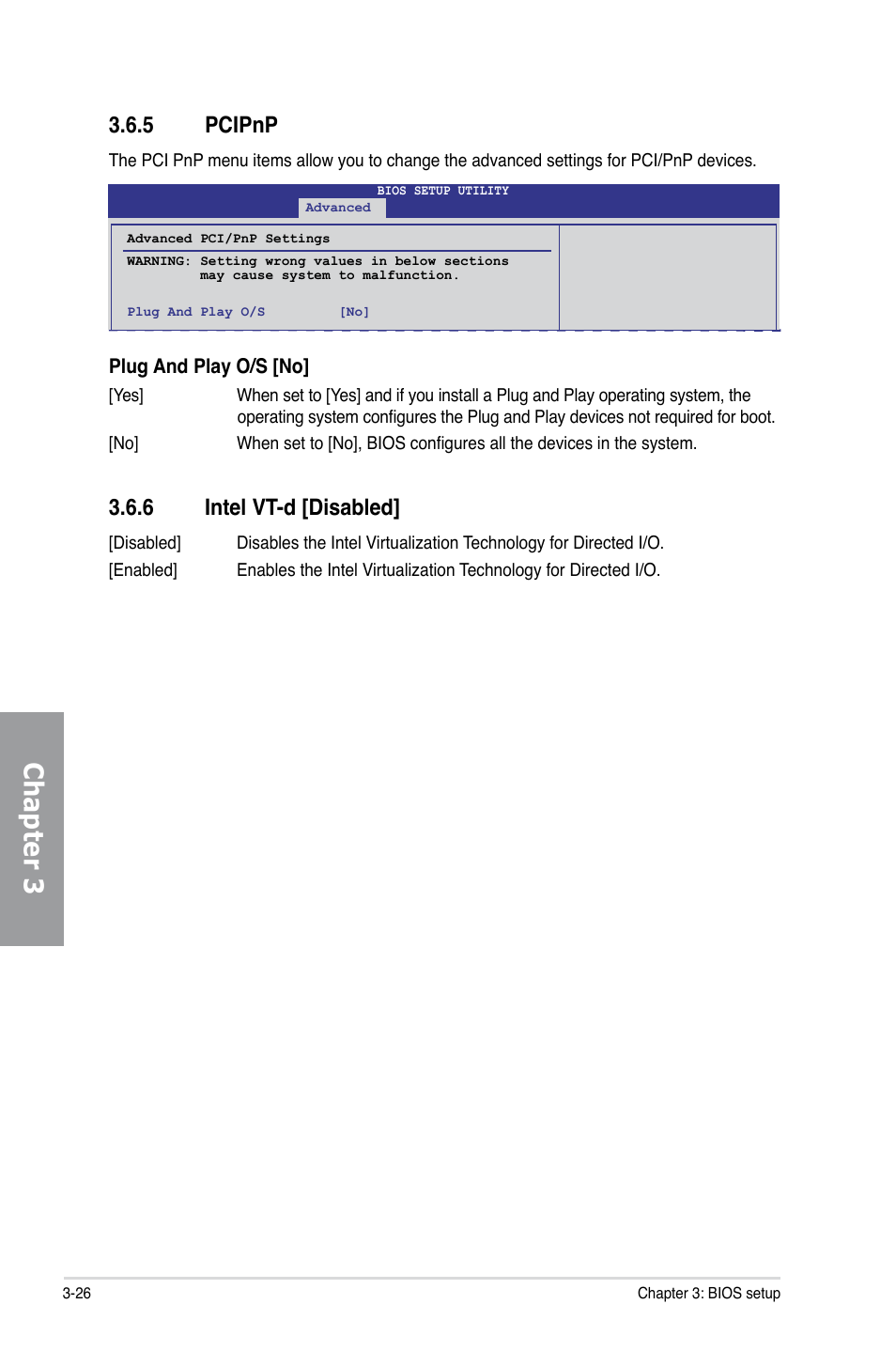 5 pcipnp, 6 intel vt-d [disabled, Pcipnp -26 | Intel vt-d -26, Chapter 3 | Asus P7H55D-M EVO User Manual | Page 82 / 106