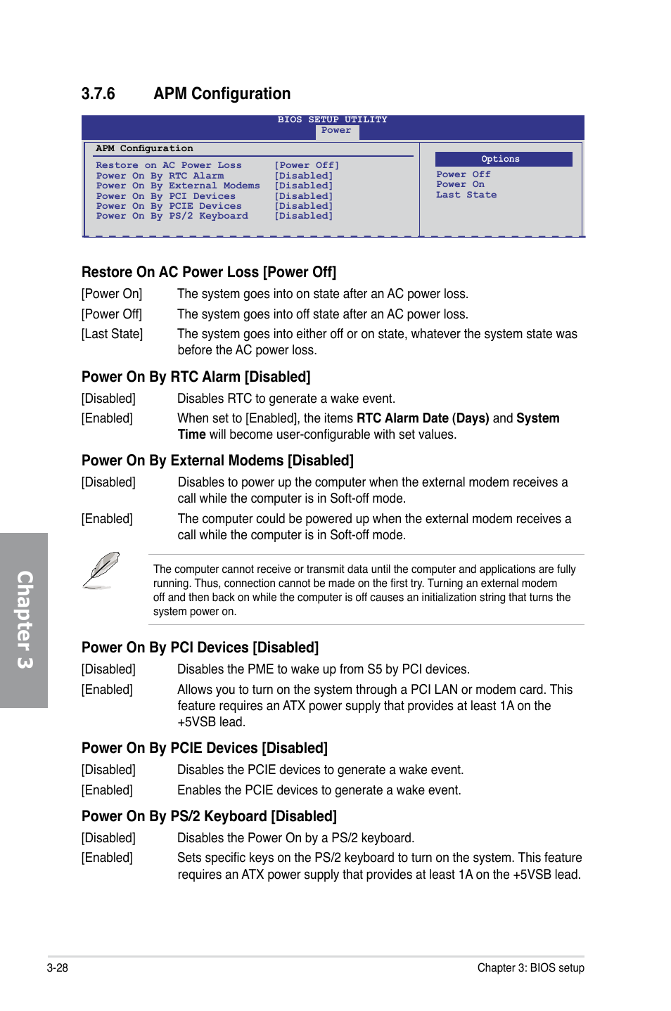 6 apm configuration, Apm configuration -28, Chapter 3 | Asus P7H55D-M EVO User Manual | Page 84 / 106