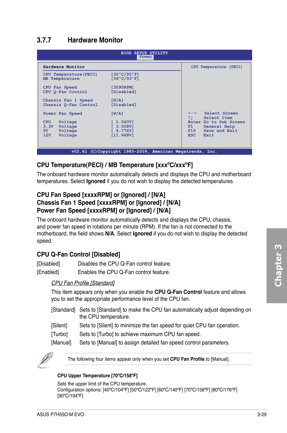 7 hardware monitor, Hardware monitor -29, Chapter 3 | Cpu q-fan control [disabled | Asus P7H55D-M EVO User Manual | Page 85 / 106