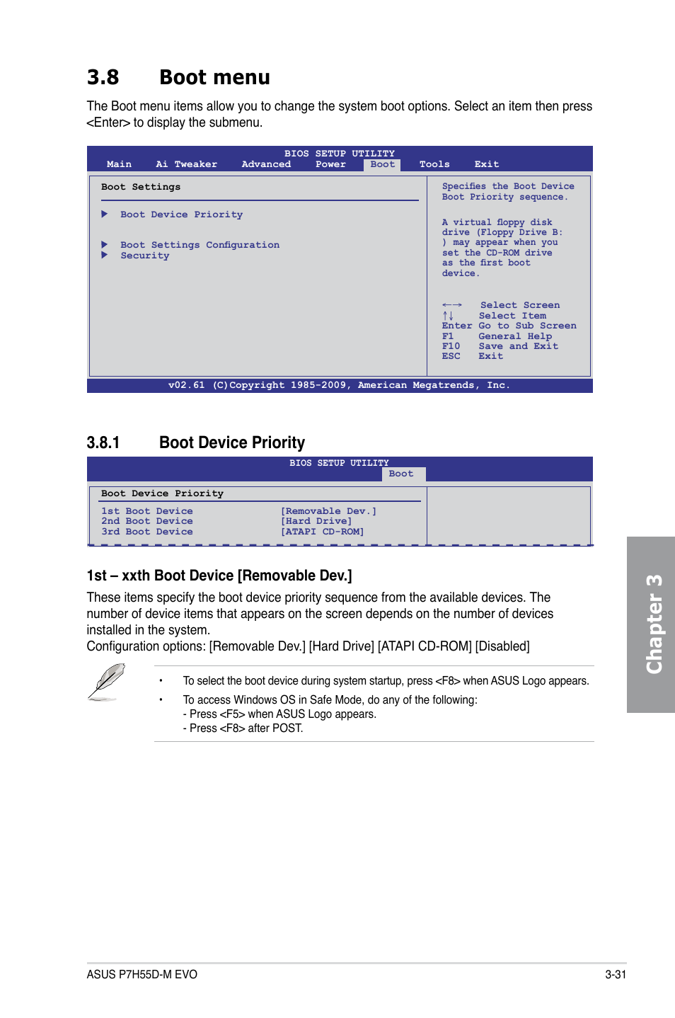 8 boot menu, 1 boot device priority, Boot menu -31 3.8.1 | Boot device priority -31, Chapter 3 3.8 boot menu, 1st – xxth boot device [removable dev | Asus P7H55D-M EVO User Manual | Page 87 / 106