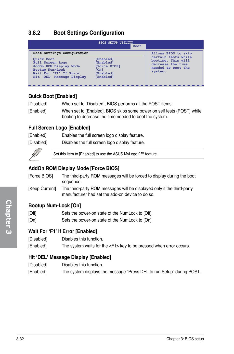 2 boot settings configuration, Boot settings configuration -32, Chapter 3 | Quick boot [enabled, Full screen logo [enabled, Addon rom display mode [force bios, Bootup num-lock [on, Wait for ‘f1’ if error [enabled, Hit ‘del’ message display [enabled | Asus P7H55D-M EVO User Manual | Page 88 / 106