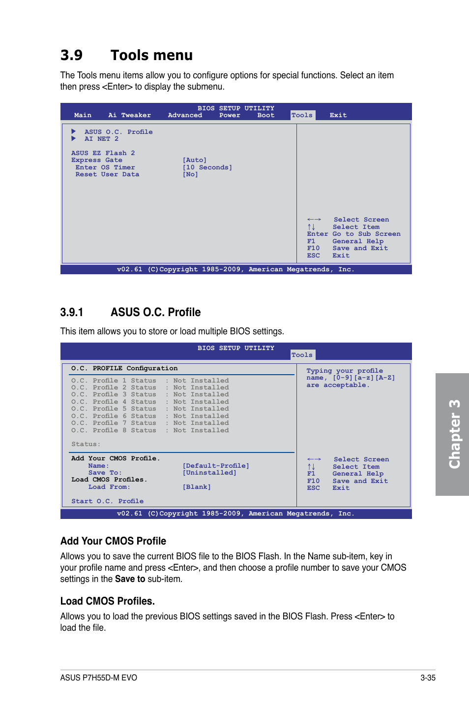 9 tools menu, 1 asus o.c. profile, Tools menu -35 3.9.1 | Asus o.c. profile -35, Chapter 3 3.9 tools menu, Add your cmos profile, Load cmos profiles | Asus P7H55D-M EVO User Manual | Page 91 / 106