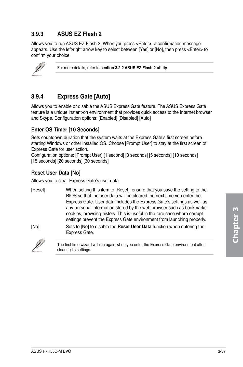 3 asus ez flash 2, 4 express gate [auto, Asus ez flash 2 -37 | Express gate -37, Chapter 3 | Asus P7H55D-M EVO User Manual | Page 93 / 106