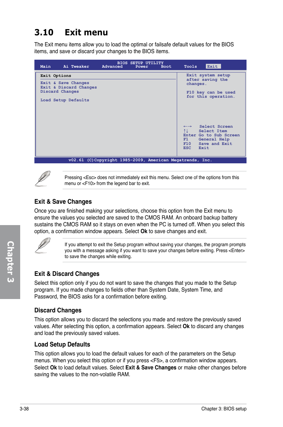 10 exit menu, Exit menu -38, Chapter 3 3.10 exit menu | Exit & save changes, Exit & discard changes, Discard changes, Load setup defaults | Asus P7H55D-M EVO User Manual | Page 94 / 106