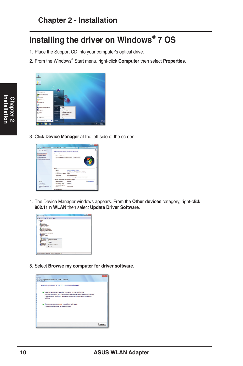 Installing the driver on windows® 7 os, Installing the driver on windows, 7 os | Chapter 2 - installation | Asus PCE-N13 User Manual | Page 10 / 65