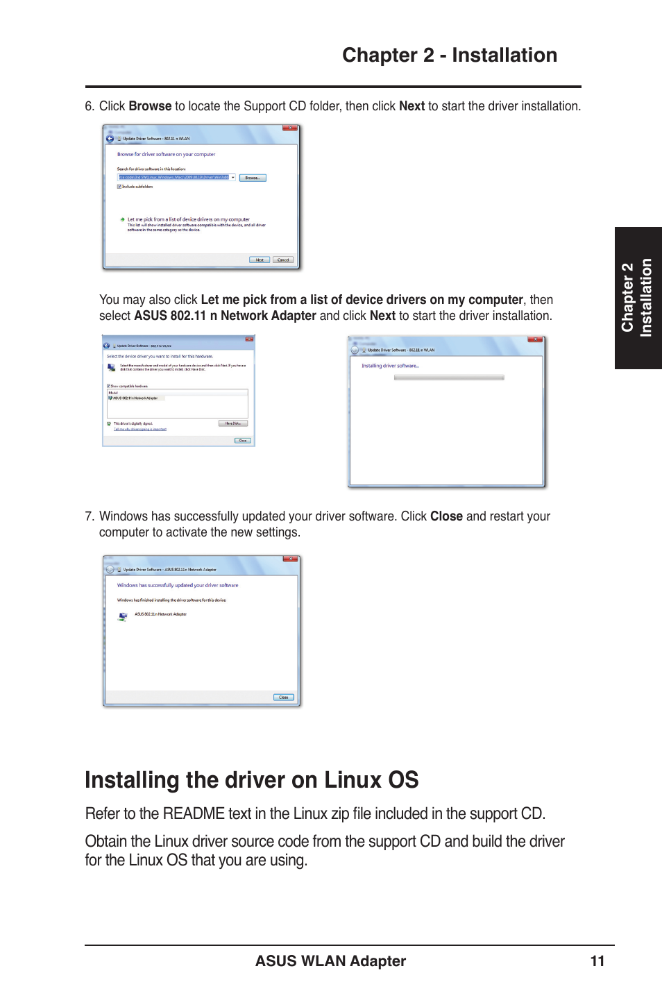 Installing the driver on linux os, Chapter 2 - installation | Asus PCE-N13 User Manual | Page 11 / 65