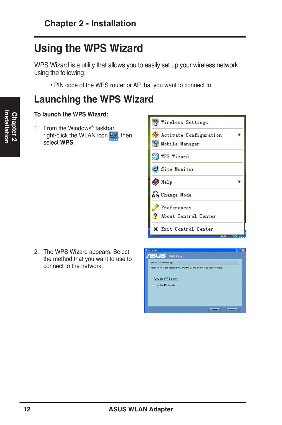 Using the wps wizard, Launching the wps wizard, Chapter 2 - installation | Asus PCE-N13 User Manual | Page 12 / 65