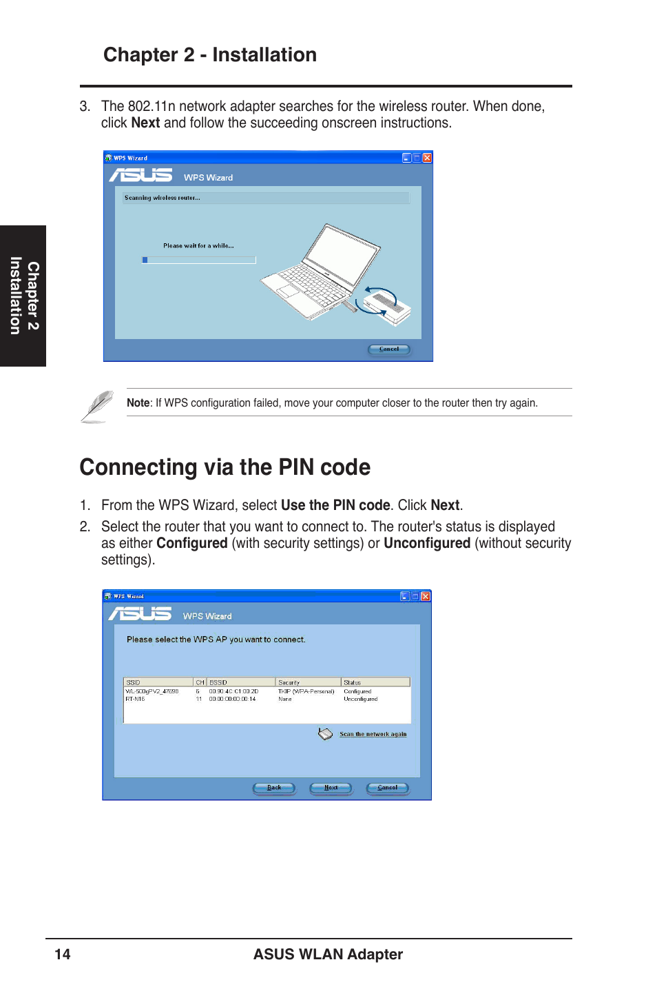 Connecting via the pin code, Chapter 2 - installation | Asus PCE-N13 User Manual | Page 14 / 65