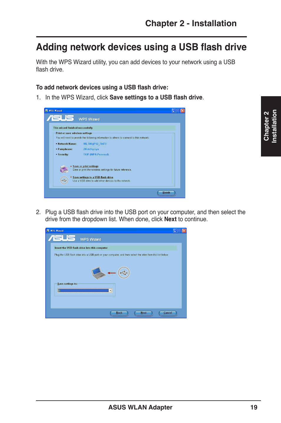 Adding network devices using a usb flash drive, Chapter 2 - installation | Asus PCE-N13 User Manual | Page 19 / 65