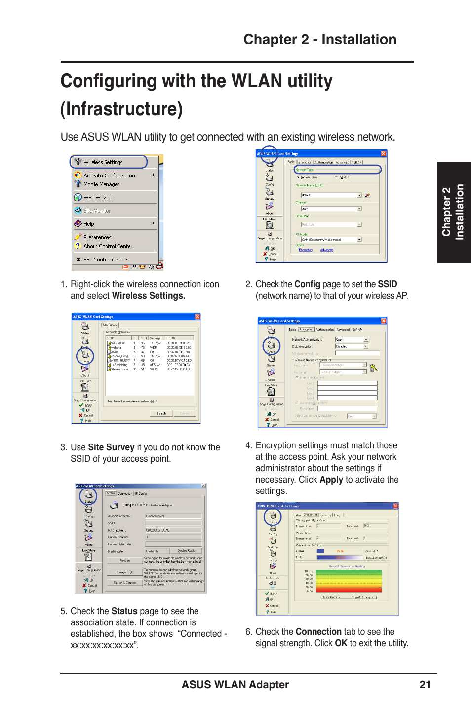 Configuring with the wlan utility (infrastructure), Chapter 2 - installation | Asus PCE-N13 User Manual | Page 21 / 65