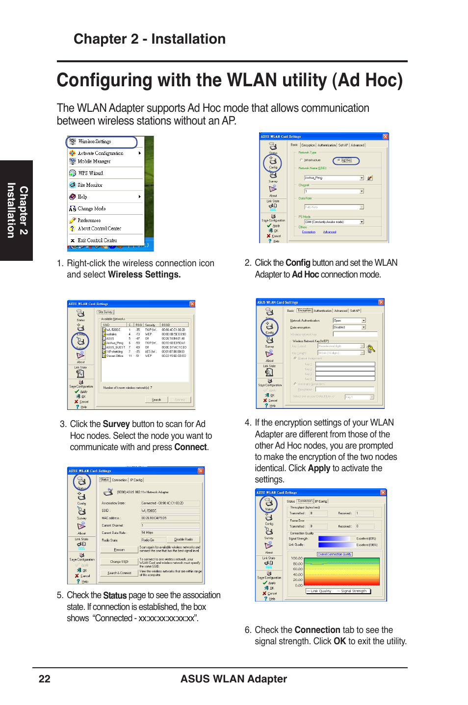 Configuring with the wlan utility (ad hoc), Chapter 2 - installation | Asus PCE-N13 User Manual | Page 22 / 65