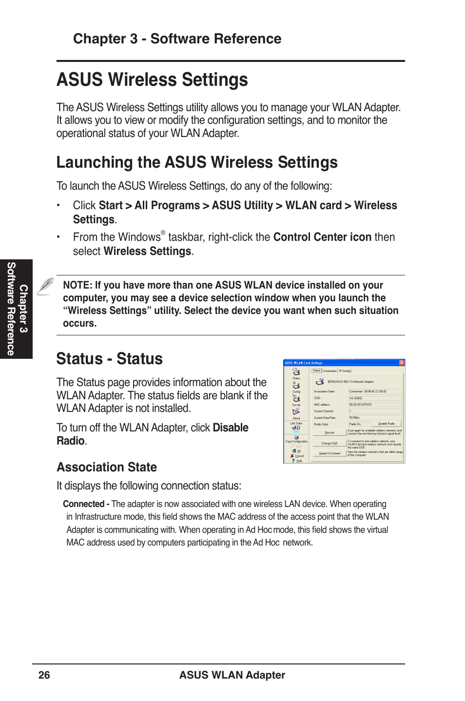 Asus wireless settings, Launching the asus wireless settings, Status - status | Chapter 3 - software reference, Association state | Asus PCE-N13 User Manual | Page 26 / 65