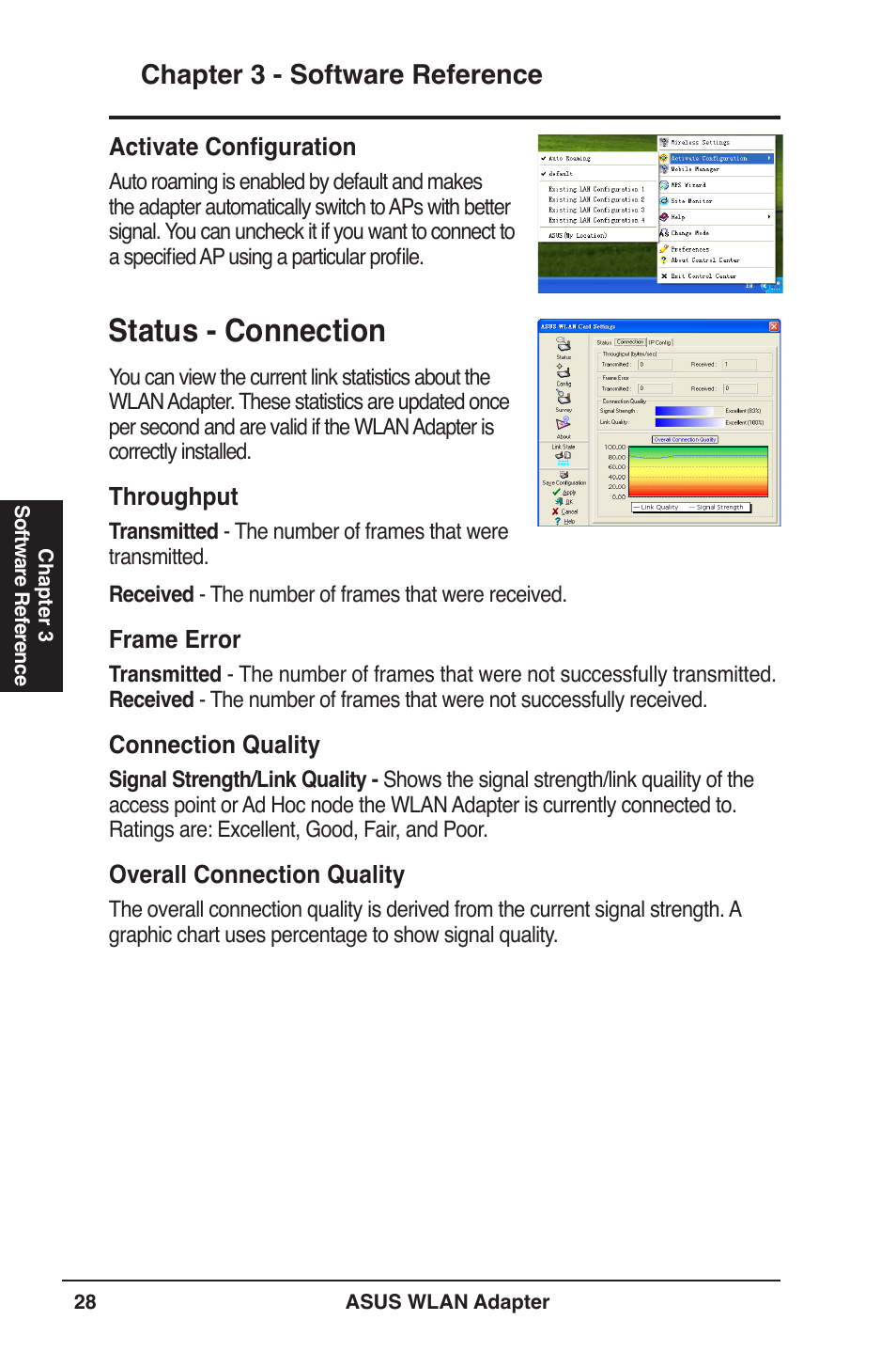 Status - connection, Chapter 3 - software reference | Asus PCE-N13 User Manual | Page 28 / 65