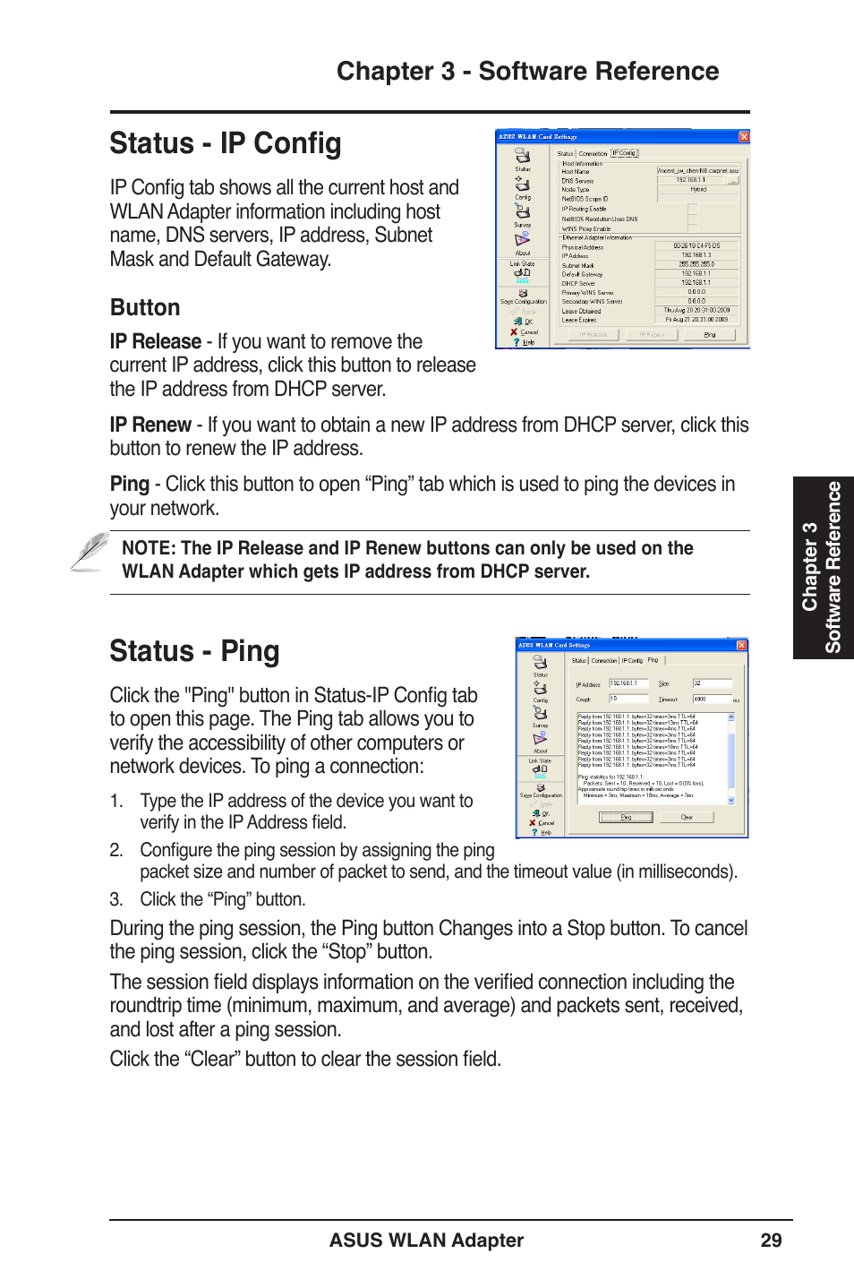 Status - ip config, Status - ping, Status - ip config status - ping | Chapter 3 - software reference | Asus PCE-N13 User Manual | Page 29 / 65