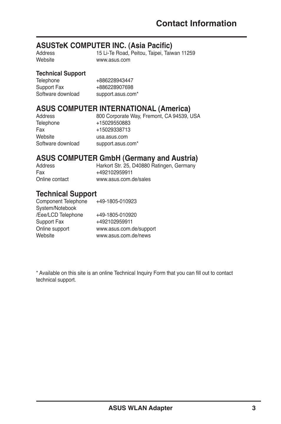 Contact information, Asustek computer inc. (asia pacific), Asus computer international (america) | Asus computer gmbh (germany and austria), Technical support | Asus PCE-N13 User Manual | Page 3 / 65