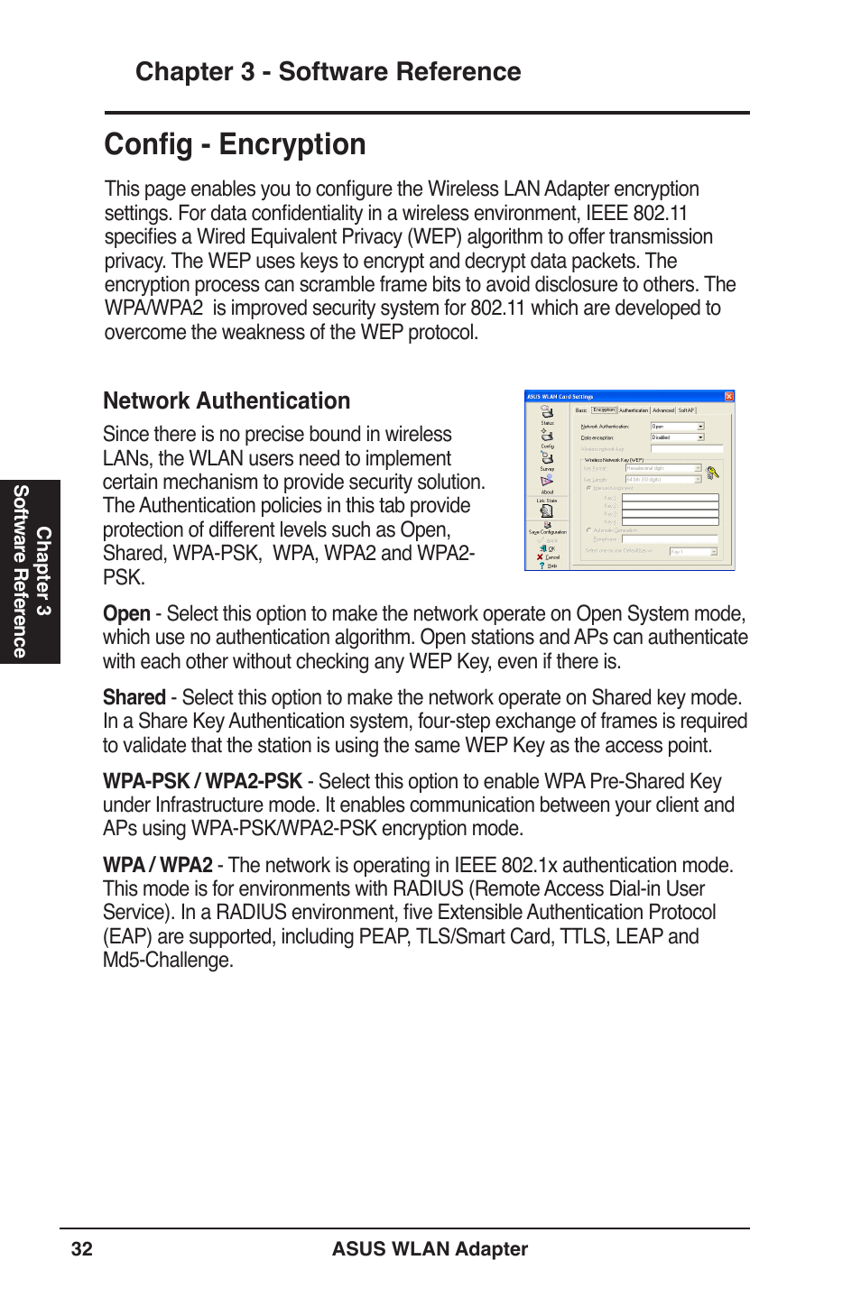 Config - encryption, Chapter 3 - software reference | Asus PCE-N13 User Manual | Page 32 / 65