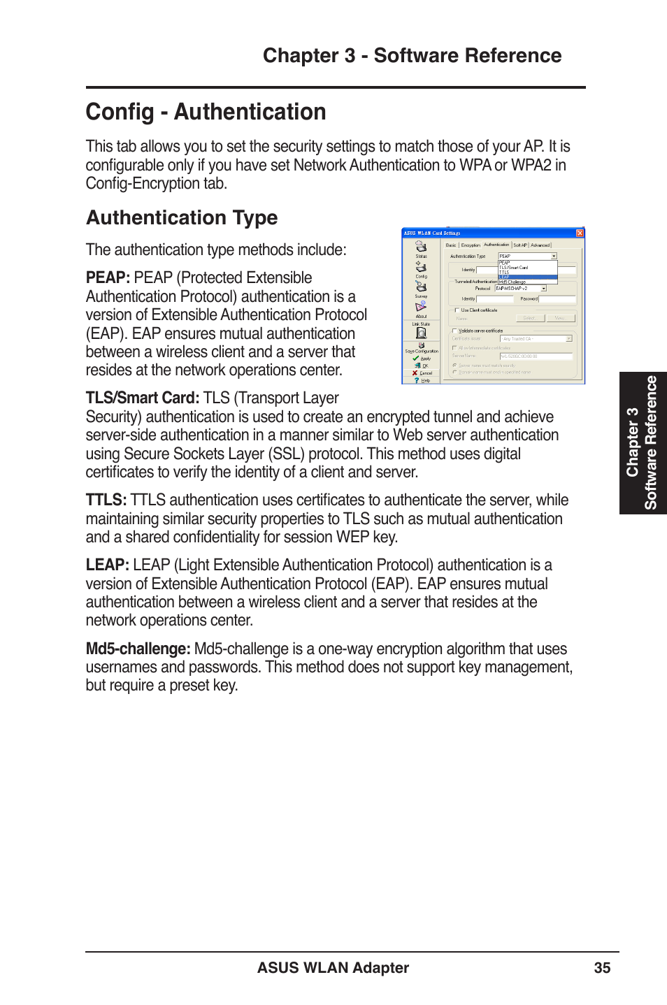 Config - authentication, Chapter 3 - software reference, Authentication type | Asus PCE-N13 User Manual | Page 35 / 65