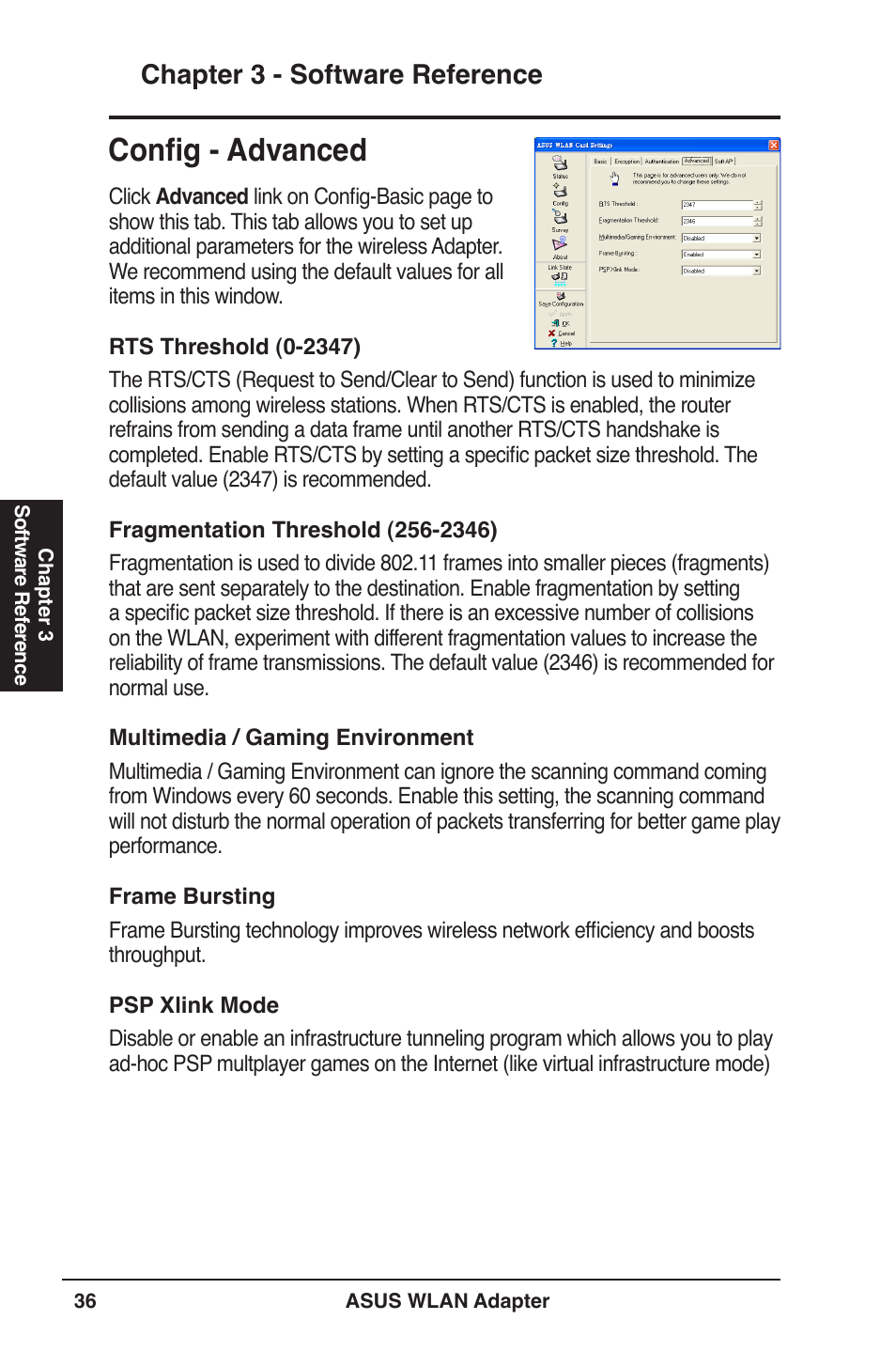 Config - advanced, Chapter 3 - software reference | Asus PCE-N13 User Manual | Page 36 / 65