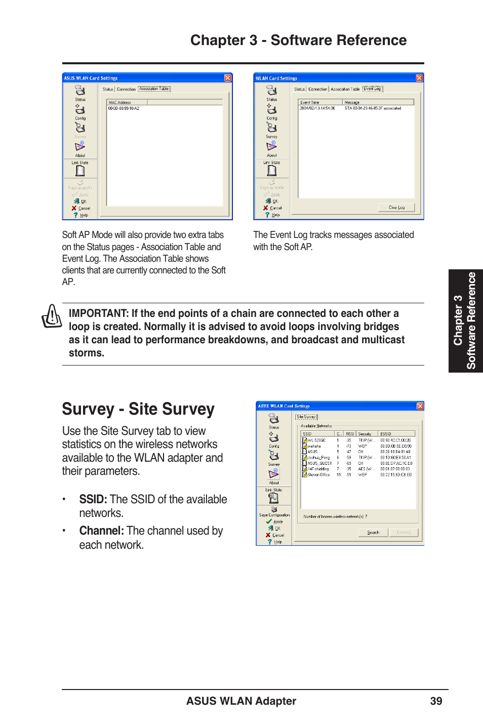 Survey - site survey, Chapter 3 - software reference | Asus PCE-N13 User Manual | Page 39 / 65