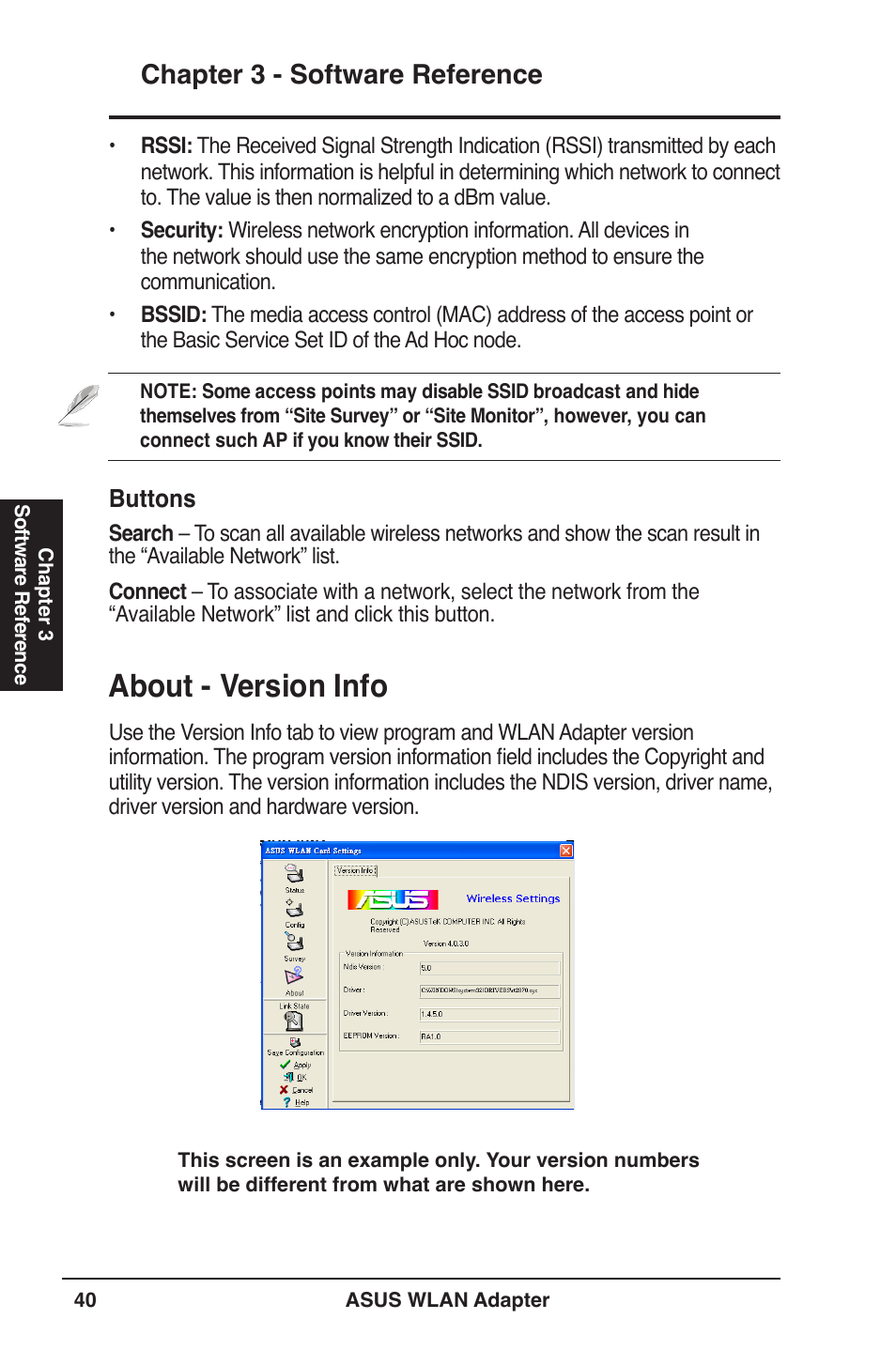 About - version info, Chapter 3 - software reference | Asus PCE-N13 User Manual | Page 40 / 65