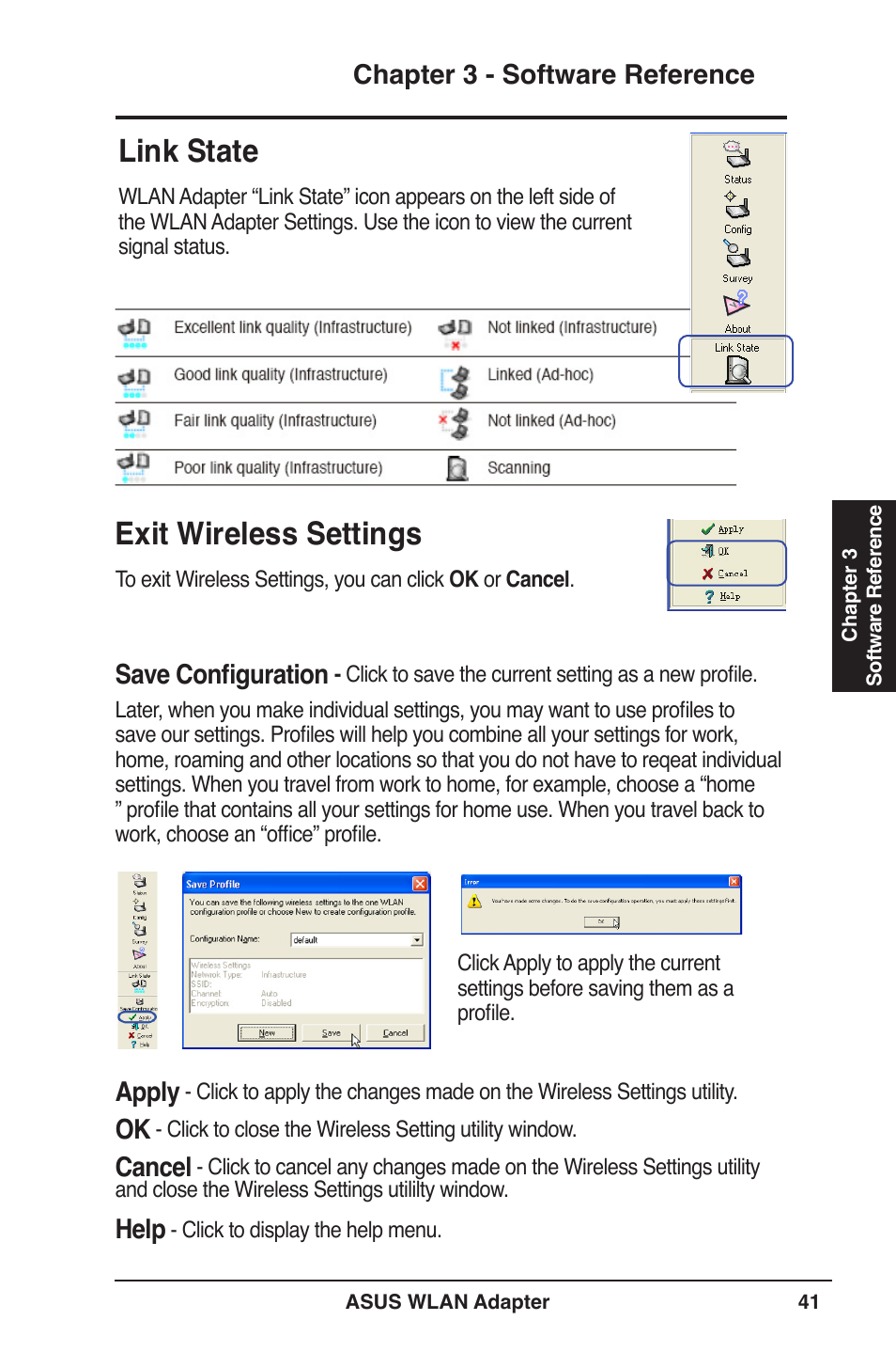 Link state, Exit wireless settings, Link state exit wireless settings | Chapter 3 - software reference, Save configuration, Apply, Cancel, Help | Asus PCE-N13 User Manual | Page 41 / 65