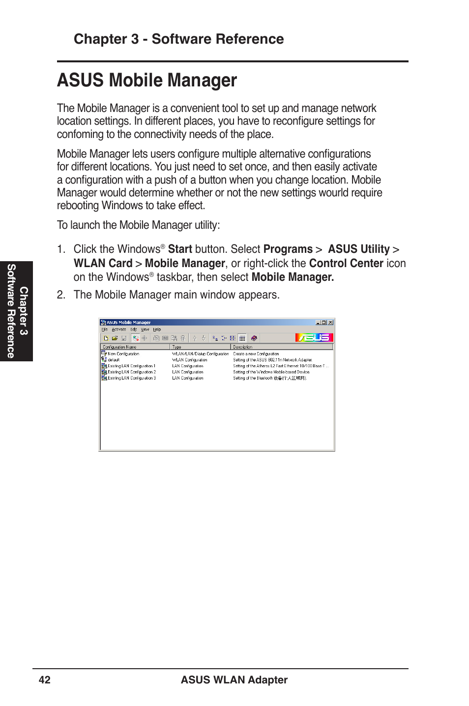 Asus mobile manager, Chapter 3 - software reference | Asus PCE-N13 User Manual | Page 42 / 65