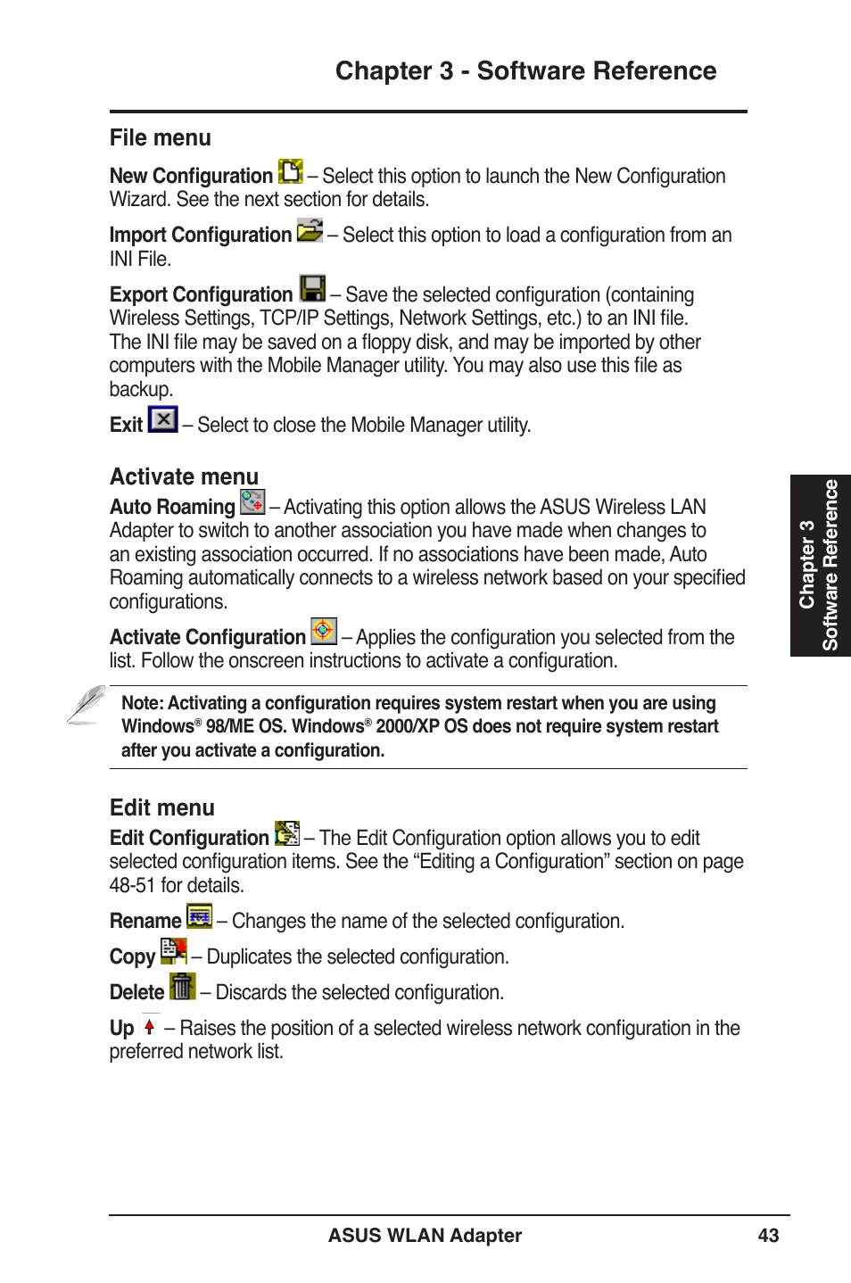 Chapter 3 - software reference, File menu, Activate menu | Edit menu | Asus PCE-N13 User Manual | Page 43 / 65