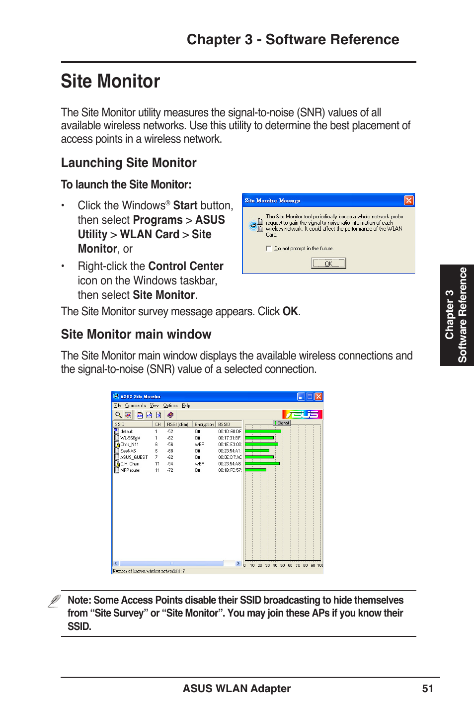 Site monitor, Chapter 3 - software reference | Asus PCE-N13 User Manual | Page 51 / 65