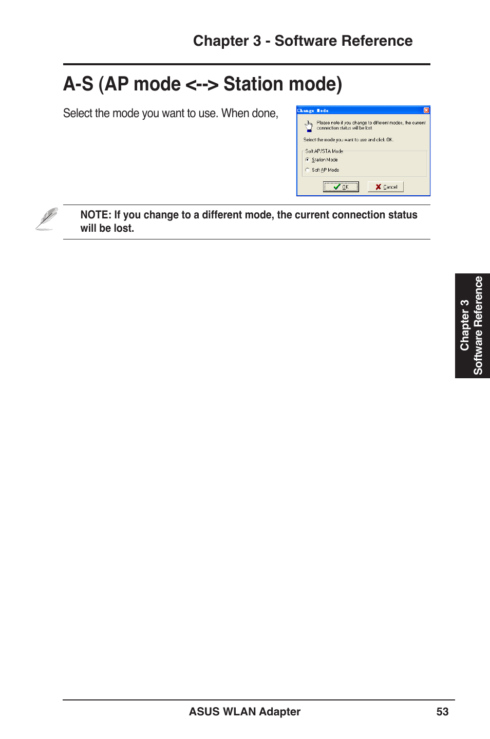 A-s (ap mode <--> station mode), Chapter 3 - software reference | Asus PCE-N13 User Manual | Page 53 / 65