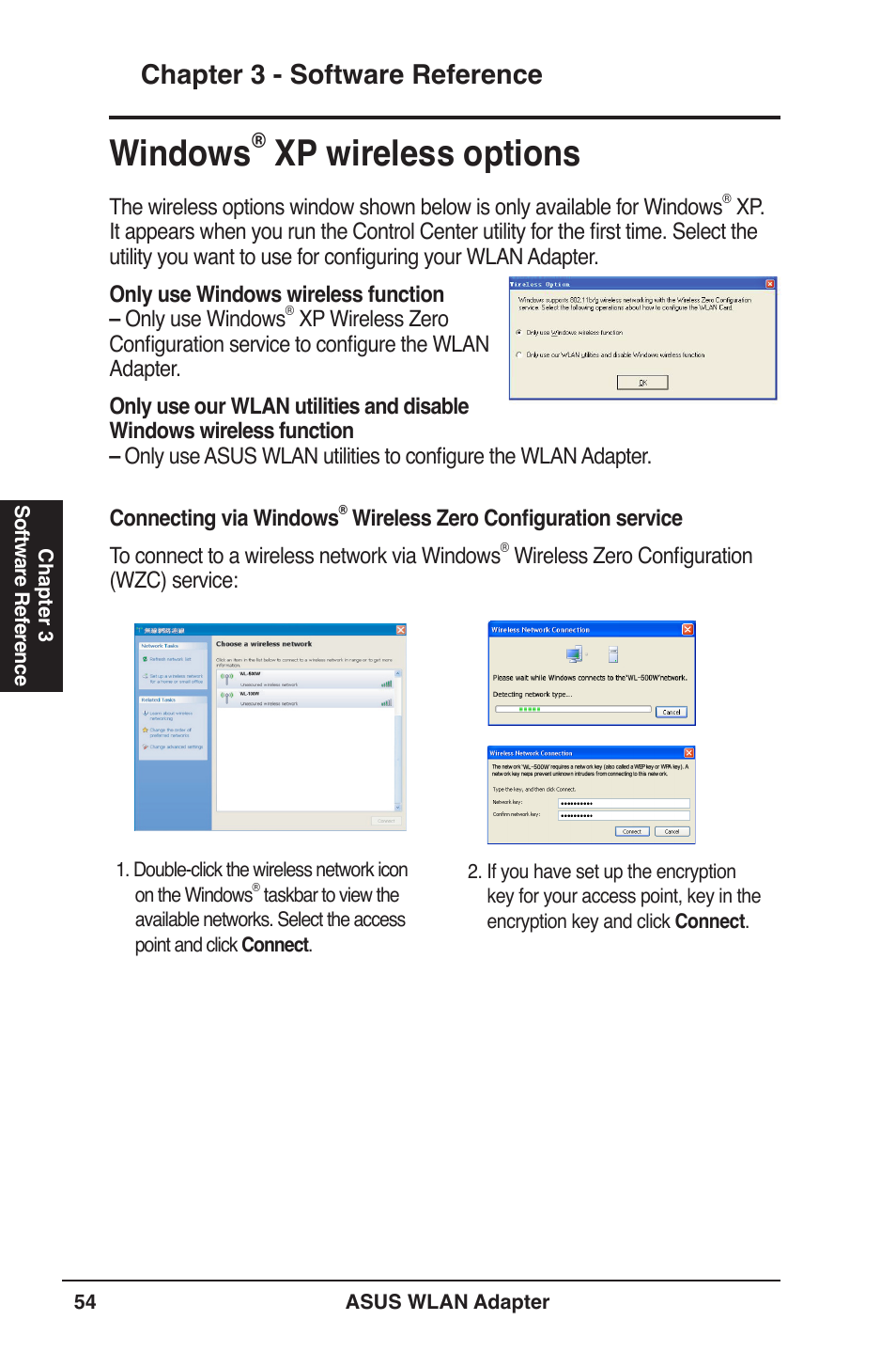 Windows® xp wireless options, Windows, Xp wireless options | Chapter 3 - software reference | Asus PCE-N13 User Manual | Page 54 / 65