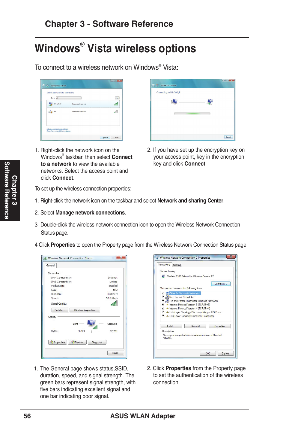 Windows® vista wireless options, Windows, Vista wireless options | Chapter 3 - software reference, Vista | Asus PCE-N13 User Manual | Page 56 / 65