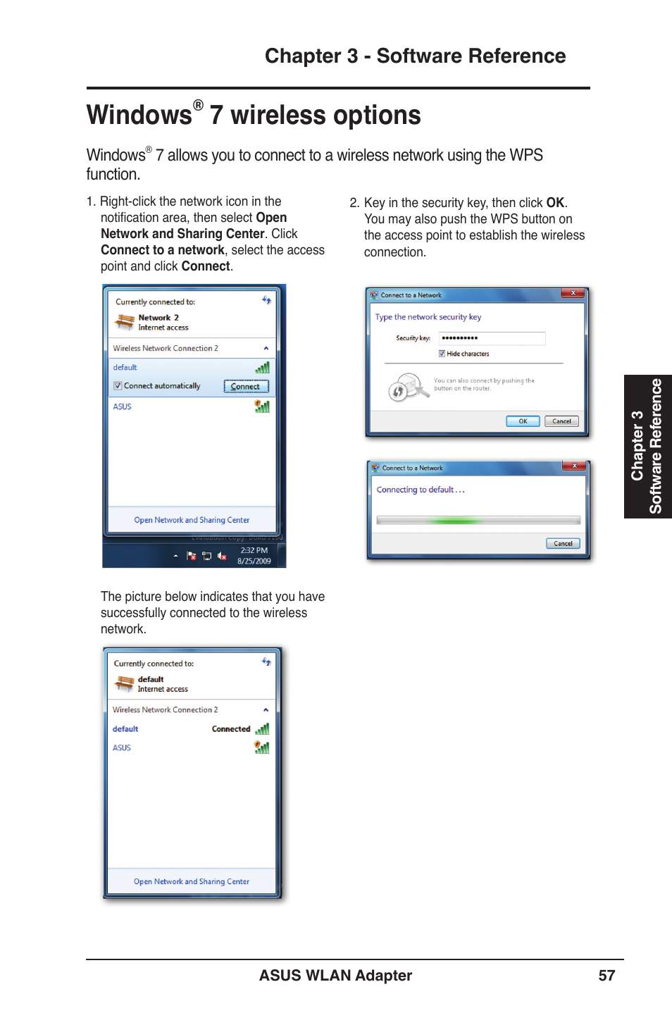 Windows® 7 wireless options, Windows, 7 wireless options | Chapter 3 - software reference | Asus PCE-N13 User Manual | Page 57 / 65