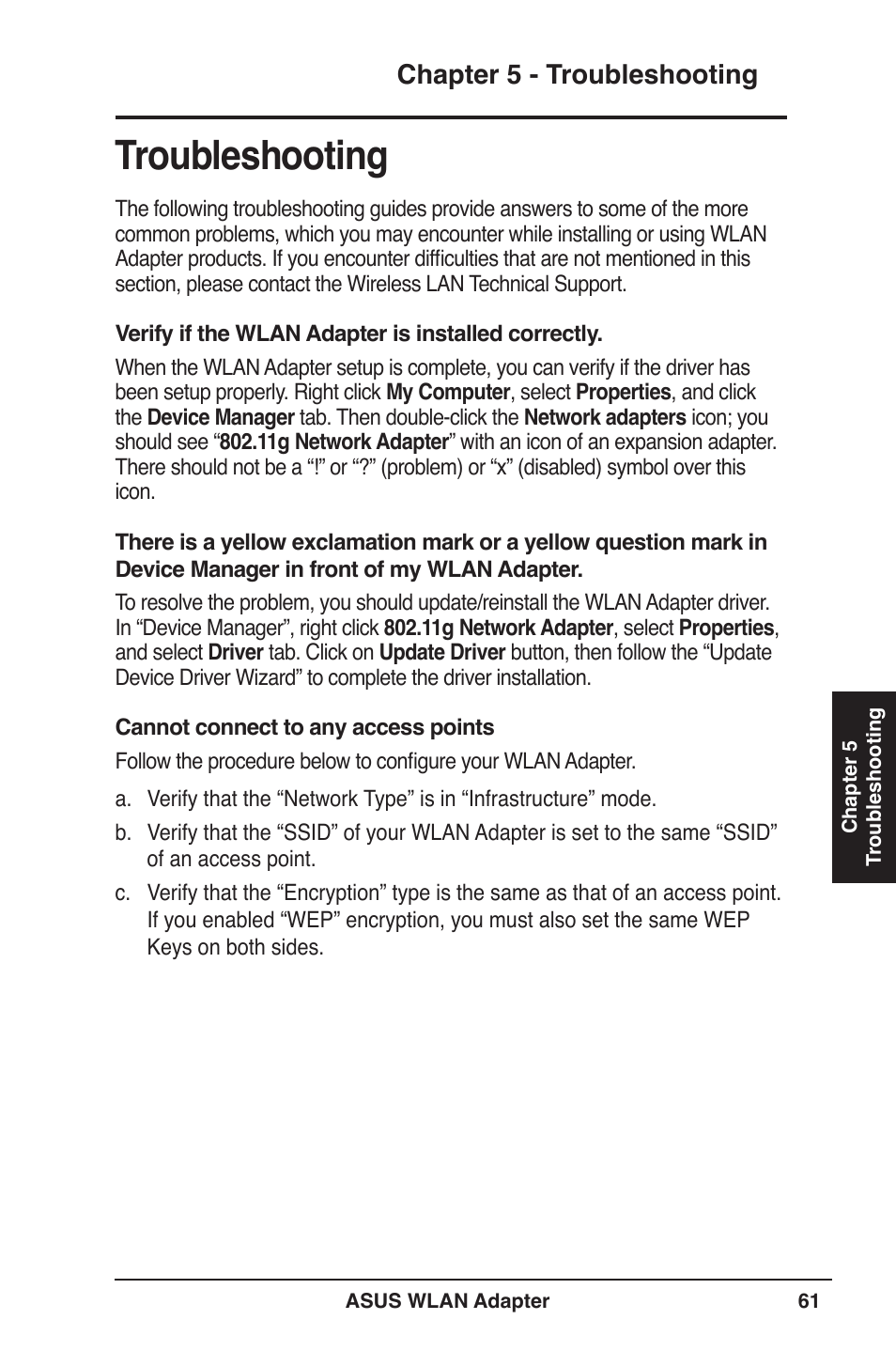 Troubleshooting, Chapter 5 - troubleshooting | Asus PCE-N13 User Manual | Page 61 / 65