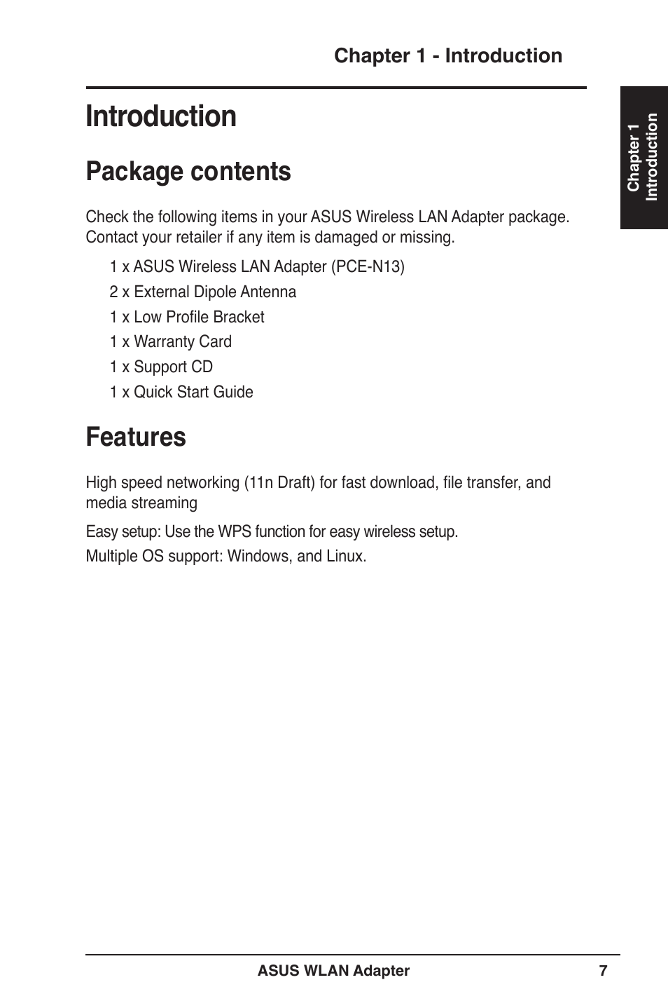 Introduction, Package contents, Features | Package contents features | Asus PCE-N13 User Manual | Page 7 / 65