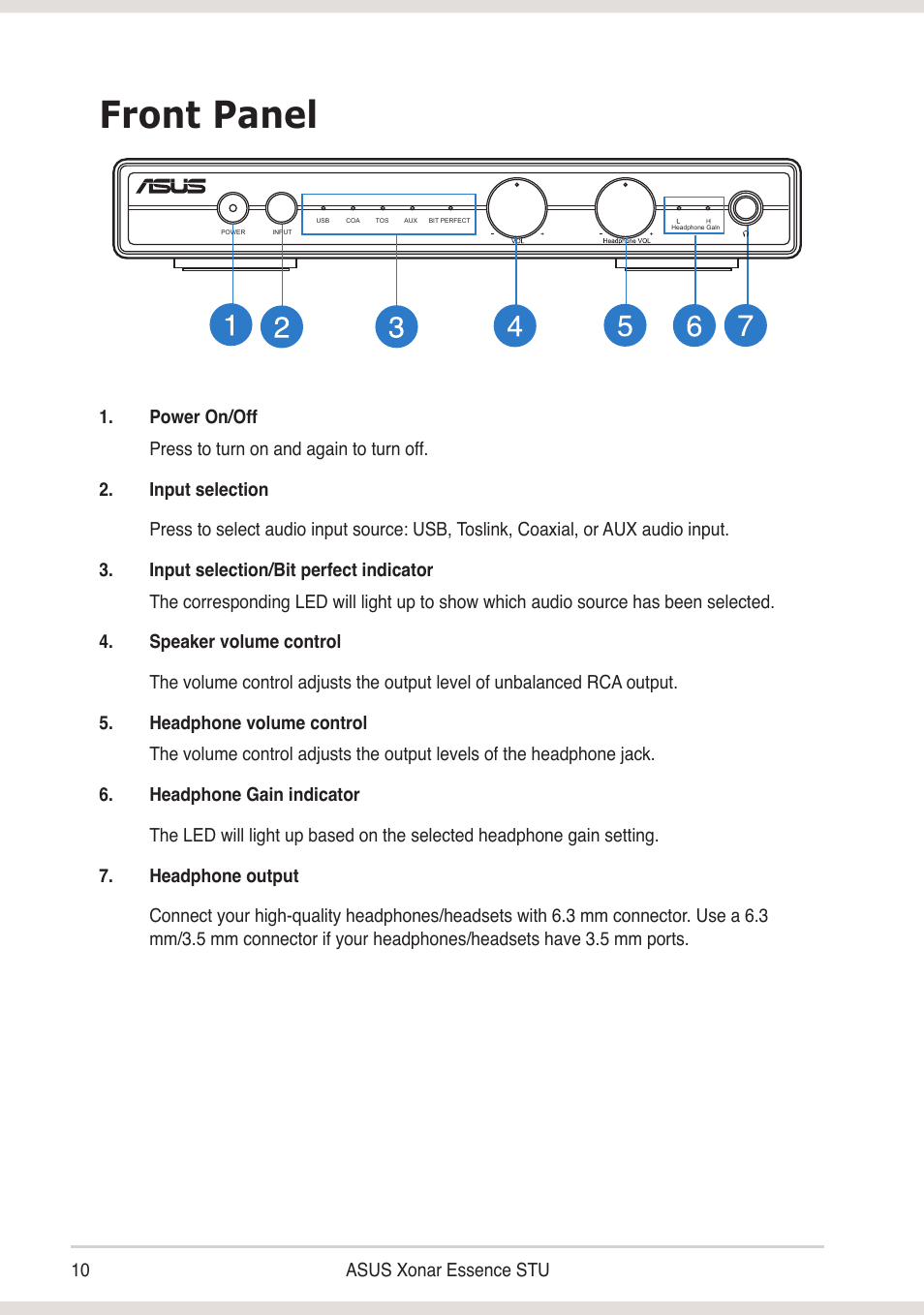 Front panel | Asus Xonar Essence STU User Manual | Page 10 / 19