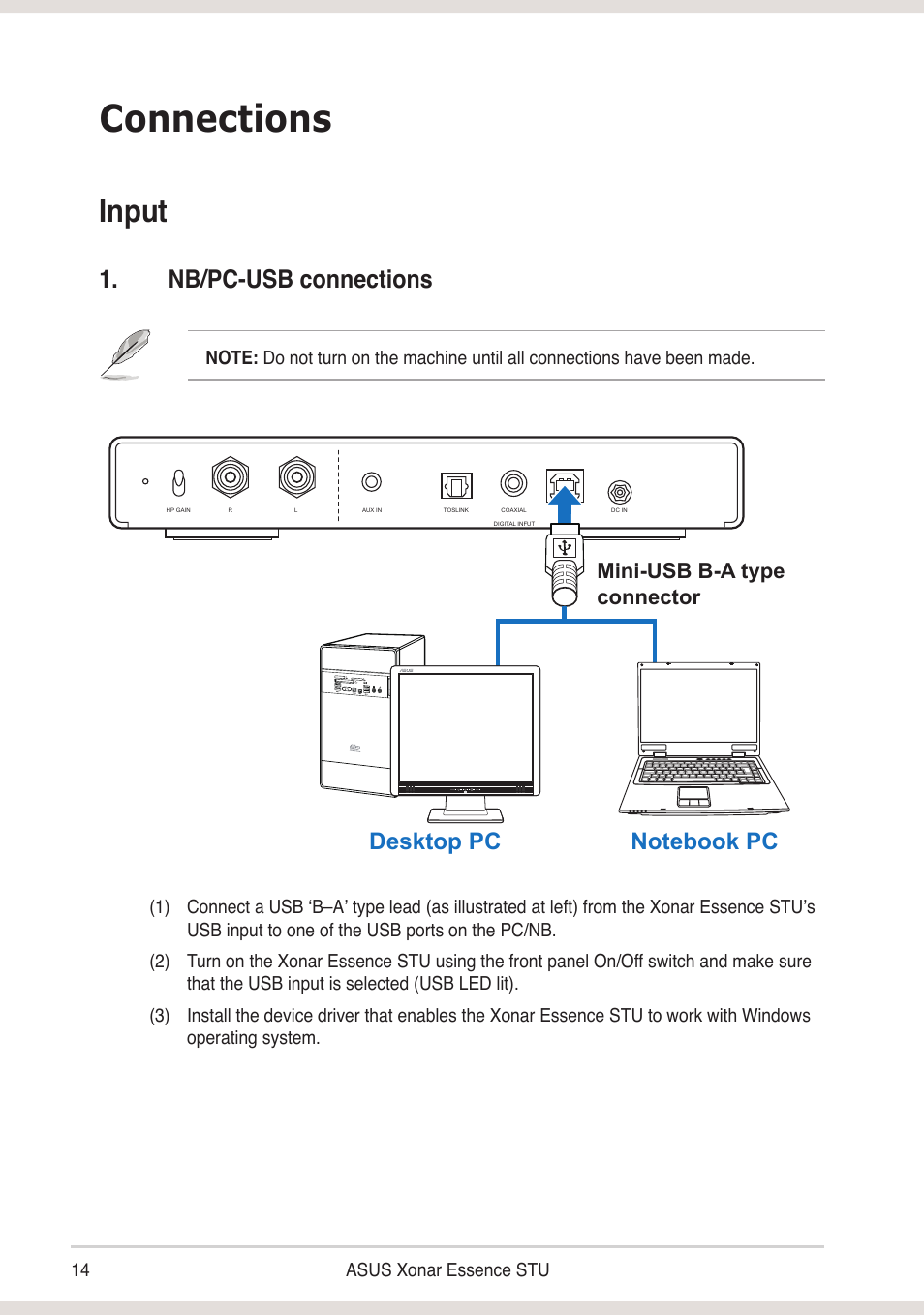 Connections, Input, Nb/pc-usb connections | Asus Xonar Essence STU User Manual | Page 14 / 19