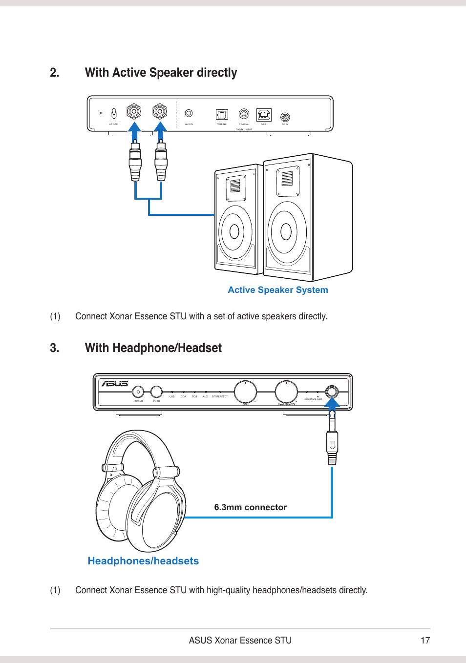 With active speaker directly, With headphone/headset, 17 asus xonar essence stu | Headphones/headsets | Asus Xonar Essence STU User Manual | Page 17 / 19