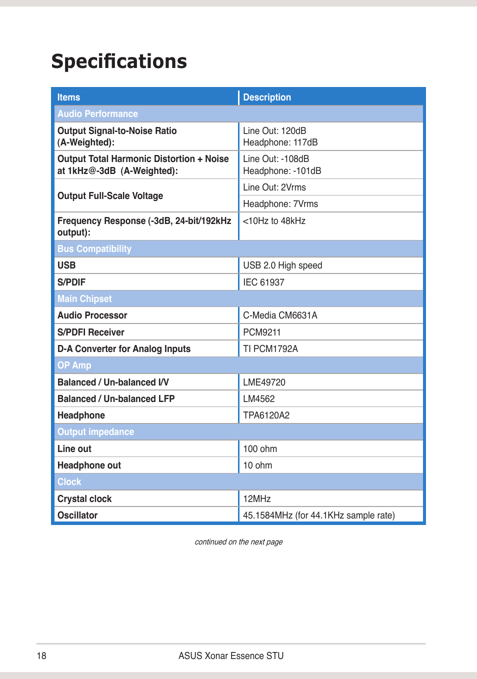 Specifications | Asus Xonar Essence STU User Manual | Page 18 / 19