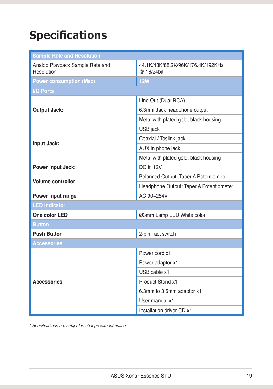 Specifications | Asus Xonar Essence STU User Manual | Page 19 / 19