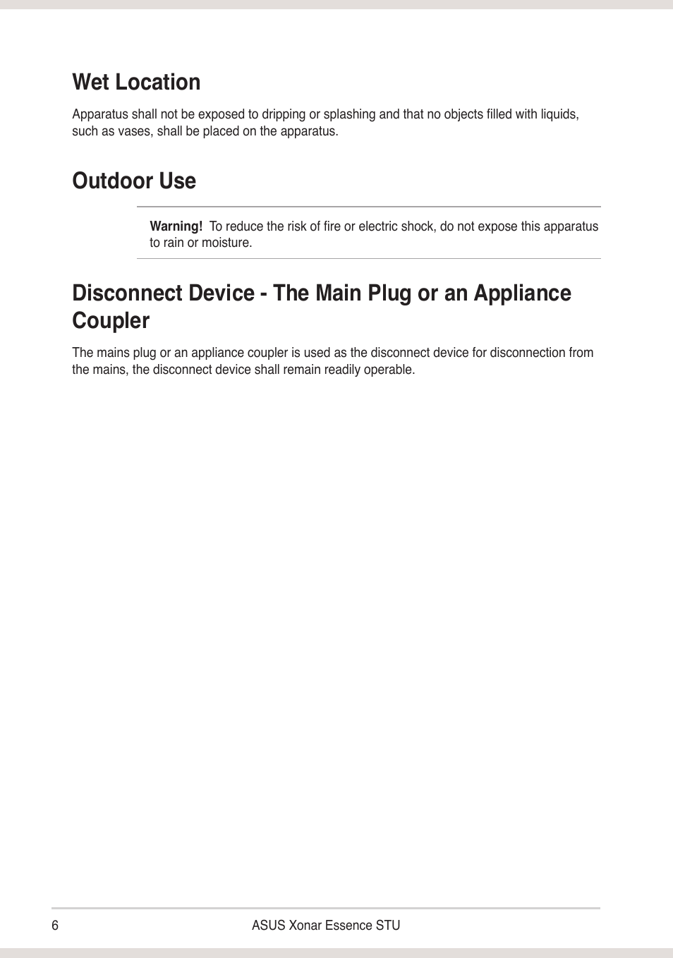 Wet location, Outdoor use | Asus Xonar Essence STU User Manual | Page 6 / 19