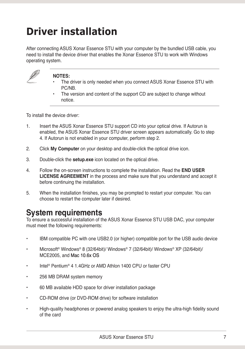 Driver installation, System requirements | Asus Xonar Essence STU User Manual | Page 7 / 19