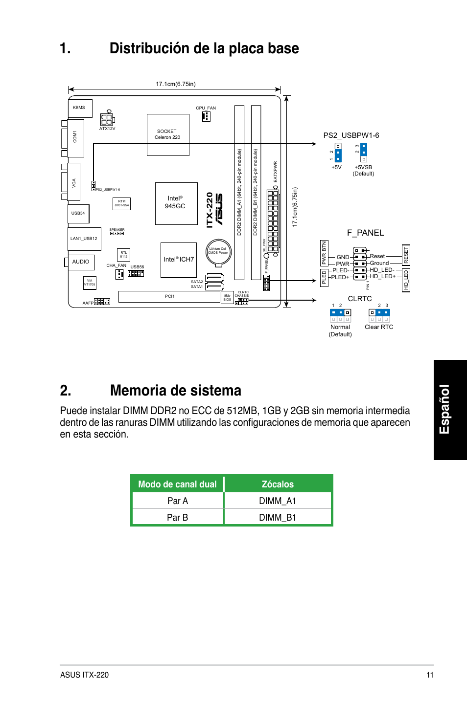 Distribución de la placa base, Español, F_panel | Itx-220, Ps2_usbpw1-6 | Asus ITX-220 User Manual | Page 11 / 38