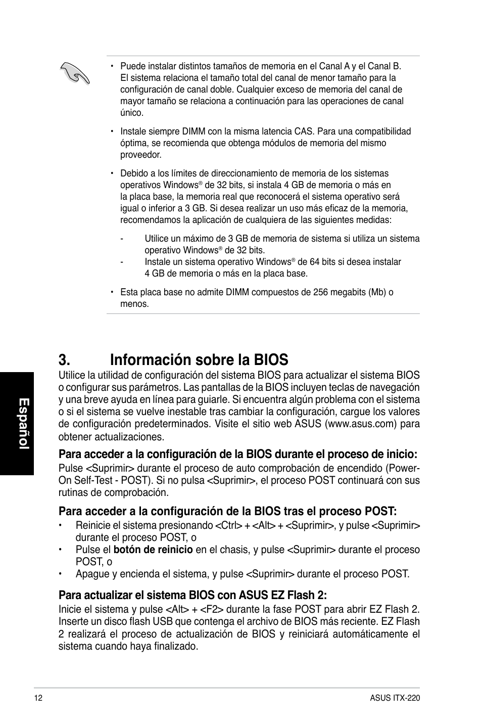 Información sobre la bios, Español | Asus ITX-220 User Manual | Page 12 / 38