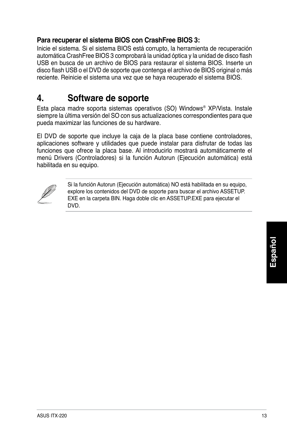 Software de soporte, Español | Asus ITX-220 User Manual | Page 13 / 38