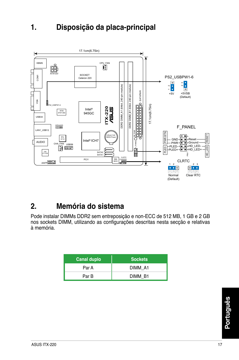 Disposição da placa-principal, Memória do sistema, Português | Canal duplo sockets par a dimm_a1 par b dimm_b1, F_panel, Asus itx-220 1, Itx-220, Ps2_usbpw1-6 | Asus ITX-220 User Manual | Page 17 / 38